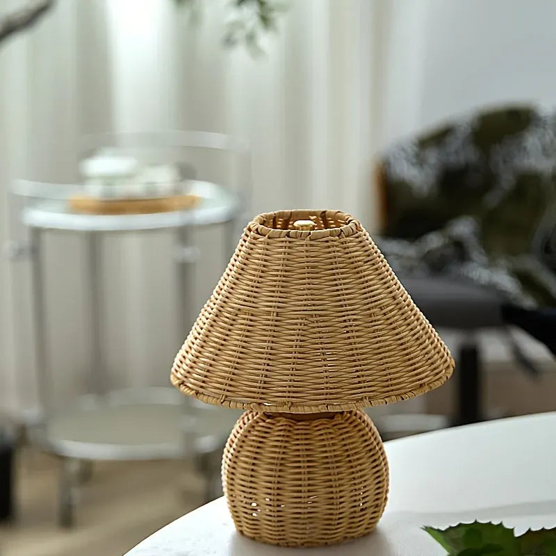 Woven Bamboo Desk Lamp with USB-Powered Boho Ambient Lighting